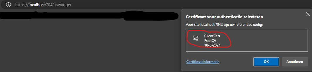 Browser prompt asking to select a client certificate for the ASP.NET API