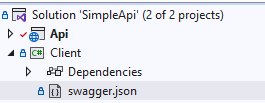 Solution view with swagger.json visible in Client project